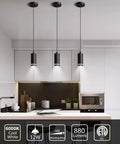 Black Modern Pendant Lights Three Pack LED Kitchen Island Fixtures with COB Lamp Beads ETL Listed 12W Cylindrical Silhouette