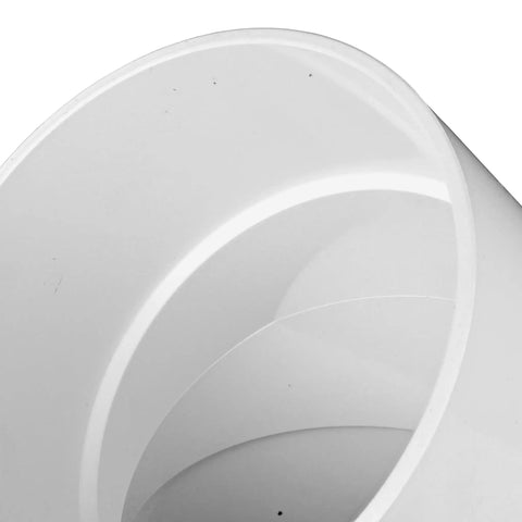 Close-up of PVC 6-Inch 45-Degree Elbow for Hub to Hub Solvent-Weld Connections, white durable sewer and drain pipe fitting