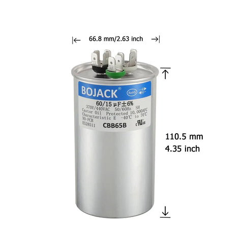 60 Plus 15 uF Dual Run Start Capacitor for 370 and 440 VAC Condenser, Heat Pumps, and AC Motors and Fans, CBB65B Round Replacement with labels