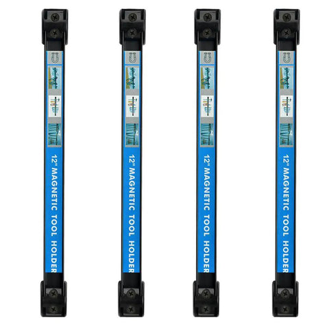 Four Piece 12 Inch Magnetic Tool Bar Set For Garage And Workshop, Heavy Duty Black Metal Organizer That Holds About 20 Pounds Per Bar