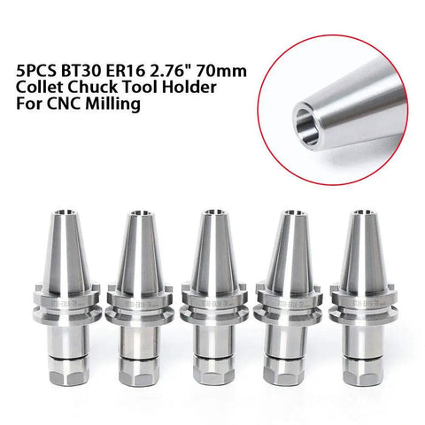 Five Piece BT30 ER16 Collet Chuck Tool Holder Set for CNC Mills and Drills, 2.76 Inch 70mm Shank, precision CNC tooling