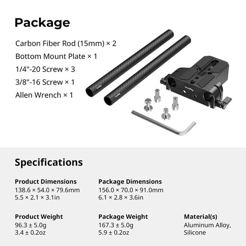 Sturdy Universal Camera Base Plate Kit With Dual 15mm Lightweight Rod Clamps Quick Release Platform and included components