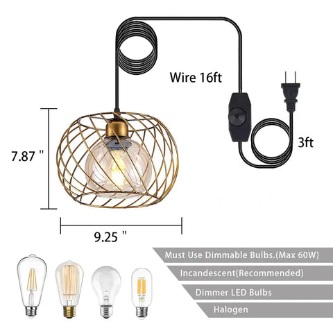 Gold Small Hanging Glass Pendant Light With 16ft Plug In Cord Dimmable And Adjustable Mini Pendant Industrial Style With Bulb Options