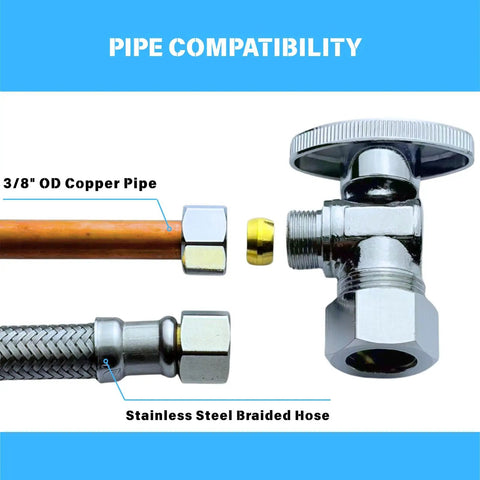 Brass Quarter Turn Angle Stop Valve Half Inch Nominal Inlet Five Eighths Inch OD Compression To Three Eighths Inch Compression Outlet
