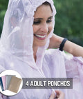 Woman wearing light purple poncho from Disposable Rain Ponchos Family Pack Eight Pack With Hood For Adults And Kids