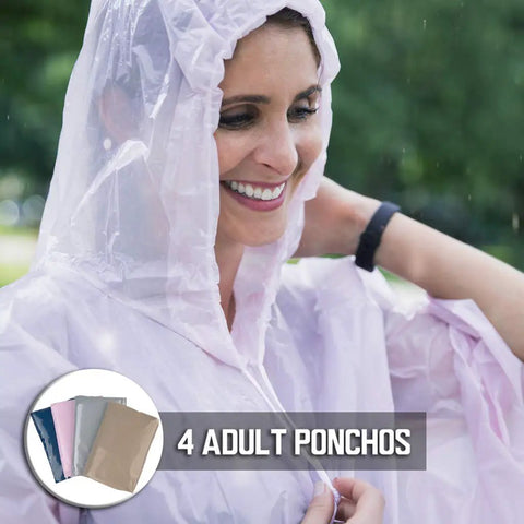 Woman wearing light purple poncho from Disposable Rain Ponchos Family Pack Eight Pack With Hood For Adults And Kids
