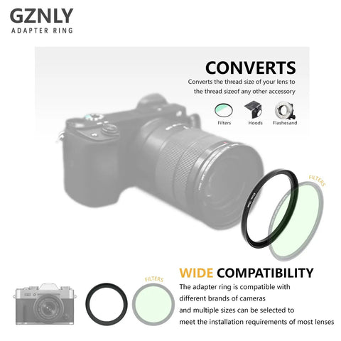 67mm To 77mm Step Up Filter Adapter Ring Built To Last Black Aviation Aluminum shown with camera lens setup