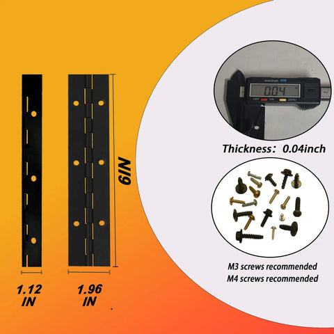 Four Pack Six Inch Matte Black Piano Hinges Built Tough With 304 Stainless Steel For Hella Durability And Slick Rust Proof Performance On Doors And Cabinets, dimensions displayed.