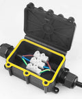 Open Underground Outdoor Junction Box Waterproof IP68 3 Way M20 Coaxial Cable Connector with visible internal wiring.