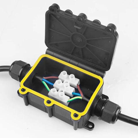 Open Underground Outdoor Junction Box Waterproof IP68 3 Way M20 Coaxial Cable Connector with visible internal wiring.