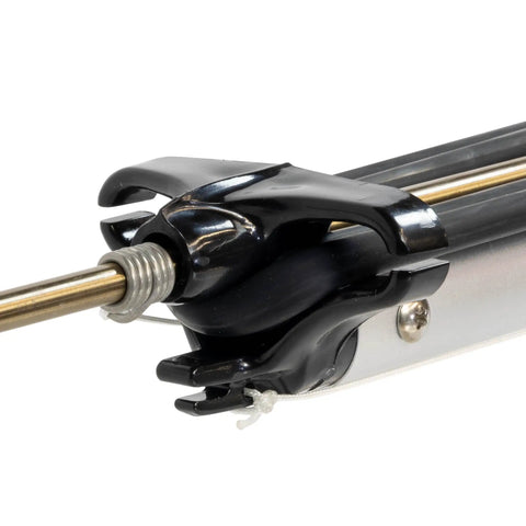 Close-up of a mini speargun for spearfishing and freediving with aluminum barrel stainless steel shaft and easy stretch bands