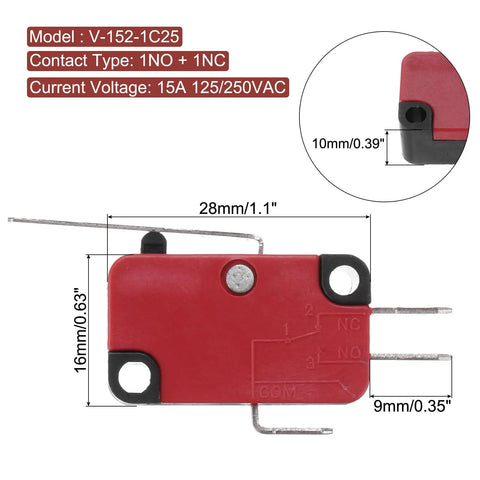 V-152-1C25 Micro Limit Switch 1NO 1NC Waterproof 15A 125-250VAC with dimensions and contact details shown