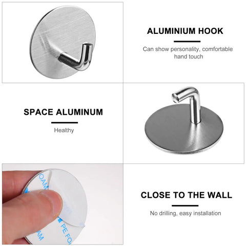 6 Pcs Stainless Steel Wall Hooks Zero Damage Install No Sweat Mount Heavy Duty Coat And Hat Hangers Punch Free showing easy installation process.