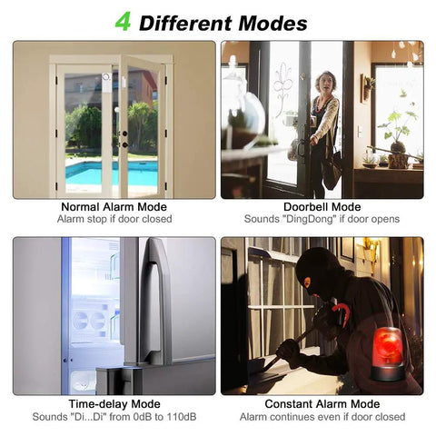 Four scenes show the Freezer Door Alarm With Adjustable Delay For Doors Left Open Wireless Refrigerator Alert modes.