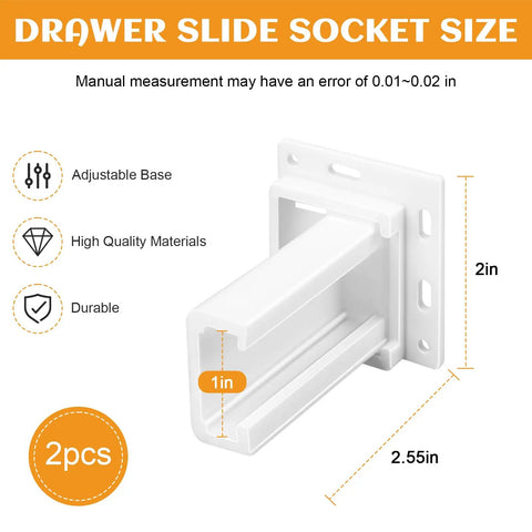 Heavy Duty RV Drawer Slides Rail Bracket For One Inch Channel With Four Way Adjustable Base showing dimensions 2in, 1in, 2.55in.
