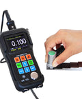 Hand using Five Step Calibration Block For Thickness Gauge 0.1 To 0.5 Inches Calibrates Thickness And Linearity Portable Carbon Steel Tool