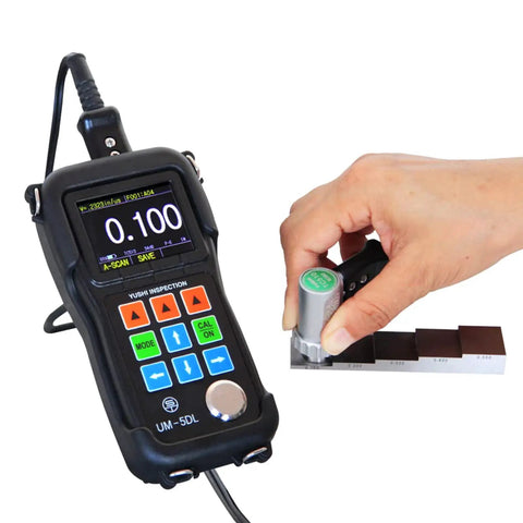 Hand using Five Step Calibration Block For Thickness Gauge 0.1 To 0.5 Inches Calibrates Thickness And Linearity Portable Carbon Steel Tool