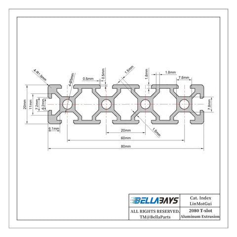 Two Pack 2080 T Slot Aluminum Extrusion Profiles 400mm Long Anodized European Standard Silver Build Frame For 3D Printers CNC Machines Laser Engraving And DIY Projects technical drawing