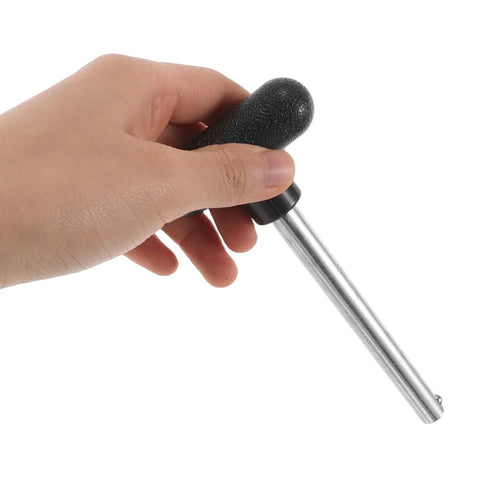 Hand holding Beefy Heavy Duty Weight Stack Replacement Pin for Gym Equipment three-eighths inch diameter, four-inch locking length