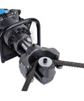Heavy Duty Handheld Electric Rebar Cutter With Portable Hydraulic Design For Fast Threading Steel Hoops Uses Pure Copper Motor And Cast Iron Head view showing cutting head with steel bars.