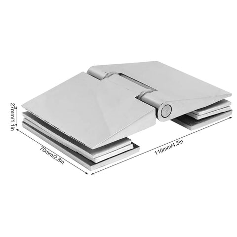 Heavy Duty 304 Stainless Steel Beveled Double Sided Shower Door Hinge With Complete Installation Kit Fits 8 To 12 Mm shown from the top angle.