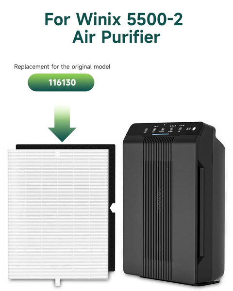 Two Pack Replacement Filter Kit for Winix 5500-2 Air Purifier With H13 True HEPA and Activated Carbon, showing filter and purifier