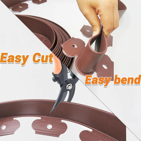 66 Feet Brown Lawn Edging Kit With 120 Spikes shown being cut and bent for easy DIY install of durable garden borders.