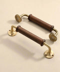 Two Pack Walnut Wood Door Pull Handles With Antique Nickel Backplates, polished grip, brass accent, includes 8 screws per handle.