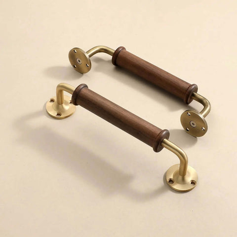 Two Pack Walnut Wood Door Pull Handles With Antique Nickel Backplates, polished grip, brass accent, includes 8 screws per handle.