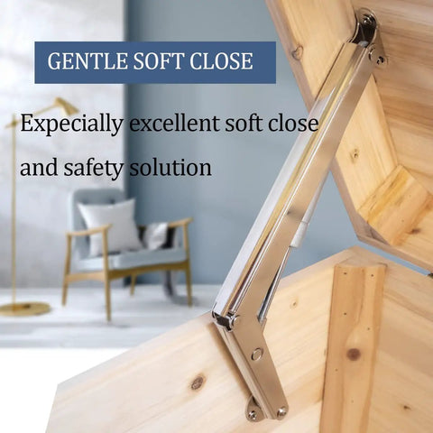 100N Heavy Duty Soft Close Lid Support Hinge For Wooden Boxes And Toy Chests, installed close-up view