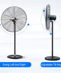 Heavy Duty Industrial Pedestal Fan With Rock Solid Aluminum Blades And Wide Swing Oscillation, adjustable tilt angle and oscillation feature.
