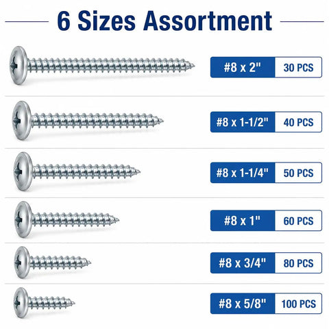 Assorted silver screws in various sizes with labels, part of Washer Head Wood Screws Set 8 By 2 Inch 30 Pieces In Storage Box.