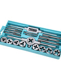 Top Notch 20 Piece Tap And Die Set M3 To M12 Alloy Steel Thread Cutting Tool Kit With Adjustable Wrenches For Automotive Repair, Machinery Build And Serious DIY Metalworking Projects. Open case with alloy steel metric taps, dies, and wrenches