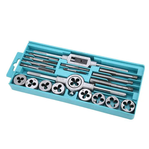 Top Notch 20 Piece Tap And Die Set M3 To M12 Alloy Steel Thread Cutting Tool Kit With Adjustable Wrenches For Automotive Repair, Machinery Build And Serious DIY Metalworking Projects. Open case with alloy steel metric taps, dies, and wrenches