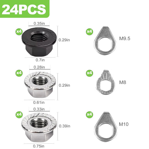 24 Piece Bike Axle Nut And Safety Washer Kit M8 M9.5 M10 For Front And Rear Wheels Replacement Parts, dimensions shown