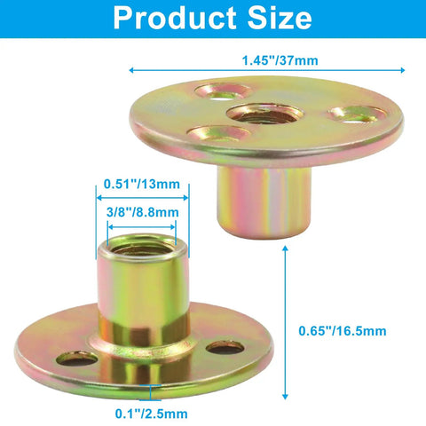 Heavy Duty 16 Pack 3/8 16 Thread Brad Hole T Nuts With Durable Galvanized Coating showing size and design details.