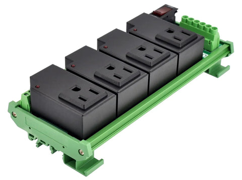 4 Channel IoT Relay Outlet Module For AC Power With Built In 10A Relays, DIN Rail Or Screw Mounting, Plug And Play Controller Integration With Arduino Raspberry Pi ESP32, Reliable Home Automation And Industrial Projects, four outlets on green DIN rail
