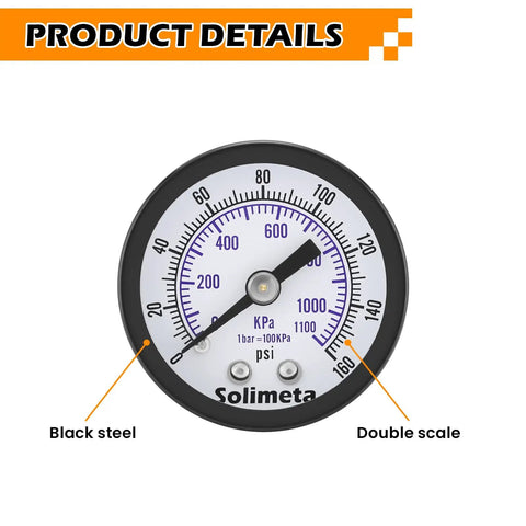 Air Pressure Gauge For Air Compressor With One And A Half Inch Dial Center Back Mount One Eighth Inch NPT Zero To One Hundred Sixty PSI