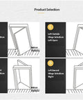 Diagram showing four installation options for Three Dimensional Invisible Door Hinges For Wood Doors And Shutters With 180 Degree Opening Built To Last Hidden Adjustable Hinges For DIY Hardware Up Down Left Right Front Back Rust Resistant Alloy Left Hand Silver.