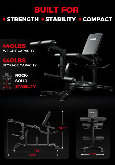 Pro Grade Leg Extension And Curl Machine For Home Gym With Adjustable Settings And Triple Loading System, side and front view