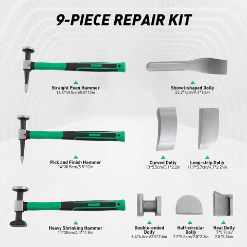 9 Piece Auto Body Hammer and Dolly Kit for Dent Repair and Sheet Metal Shaping Heavy Duty 45 Steel Tools Paint Friendly Car Dent Removal Set for Home Garage and Shop Use, 9-piece set with sizes