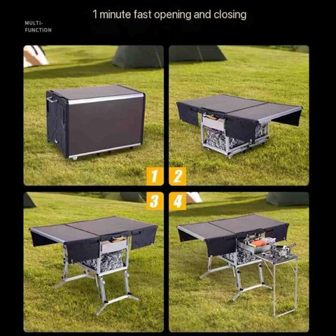 Outdoor Mobile Kitchen for Camping and RV Trips showing quick setup sequence, 26 by 37 inches, fits 5-7 people, no tools needed.