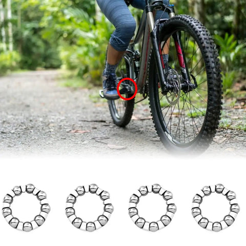 Cyclist on trail with Four Pack Bicycle Crank Ball Bearing Set One Quarter Inch With Nine Steel Balls for bike repair shown below