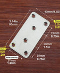 Diagram of Beefy Heavy Duty Wood Brackets Set 10pcs Stainless Steel Flat Mending Plates 80x40x1.75mm with dimensions and 6 holes