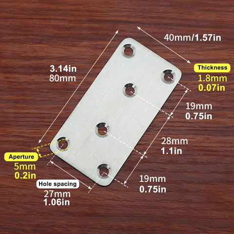 Diagram of Beefy Heavy Duty Wood Brackets Set 10pcs Stainless Steel Flat Mending Plates 80x40x1.75mm with dimensions and 6 holes
