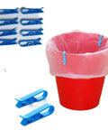 Lock Tight Plastic Garbage Bin Clips With Textured Anti Slip Grip Kick The Slipping Habit And Keep Kitchens Fresh Secure Trash Bag Holders 10 Pack on a red bin with a bag.