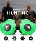 Custom Molded Earplugs With 31dB Noise Reduction Rating For Loud As Heck Environments Like Shooting Travel Swimming Work And Concerts Deliver Superior Comfort And Fit While Providing Gentle Long Lasting Hearing Protection, green color, hunting theme, front view.