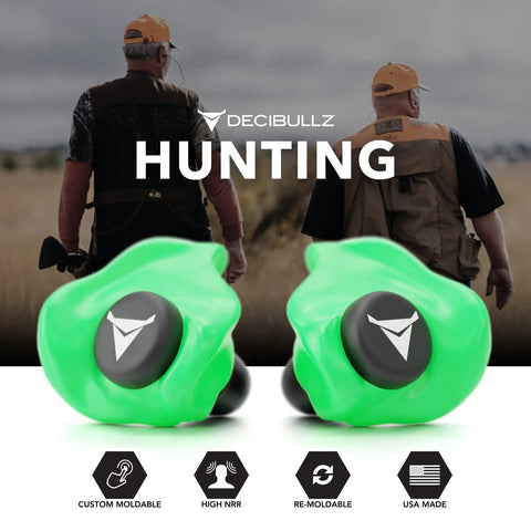 Custom Molded Earplugs With 31dB Noise Reduction Rating For Loud As Heck Environments Like Shooting Travel Swimming Work And Concerts Deliver Superior Comfort And Fit While Providing Gentle Long Lasting Hearing Protection, green color, hunting theme, front view.