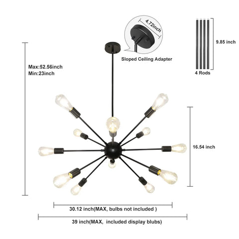 Diagram of Sputnik Style Ceiling Light Fixture with adjustable height and sloped ceiling compatibility features shown.