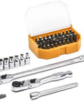 Quarter Inch Drive 6 Point Slim Head Mechanics Tool Set, 45 Piece, tools and adapter in a compact orange case